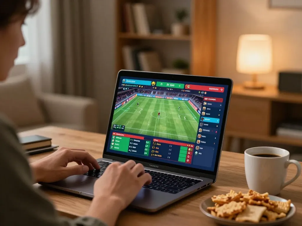 Active sports betting session on https://cakhiatv.design/ showing live events on laptop in a cozy home.