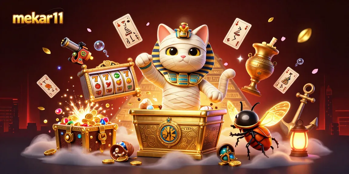 Mekar11 showcases an Egyptian-themed mummy casino scene with magical glowing elements.