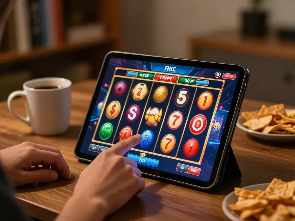 Player engaging with g28 slot game on a cozy tablet setup, showcasing dynamic gameplay.