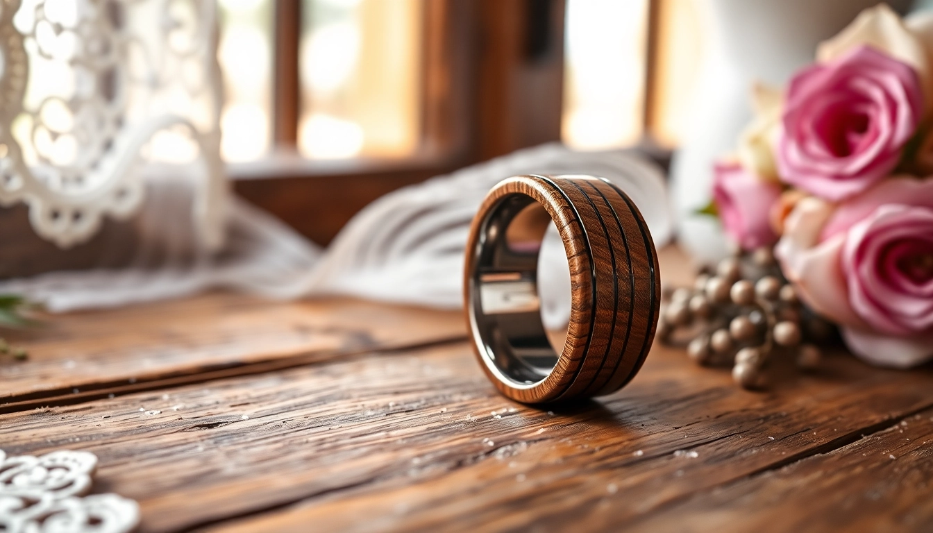 Showcase a unique Whiskey Barrel Wedding Bands design resting on wood, emphasizing its craftsmanship.