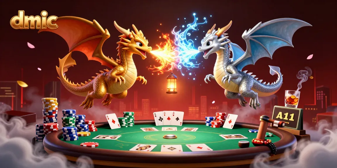Experience an electrifying dmic scene with twin dragons amidst a dynamic poker atmosphere.