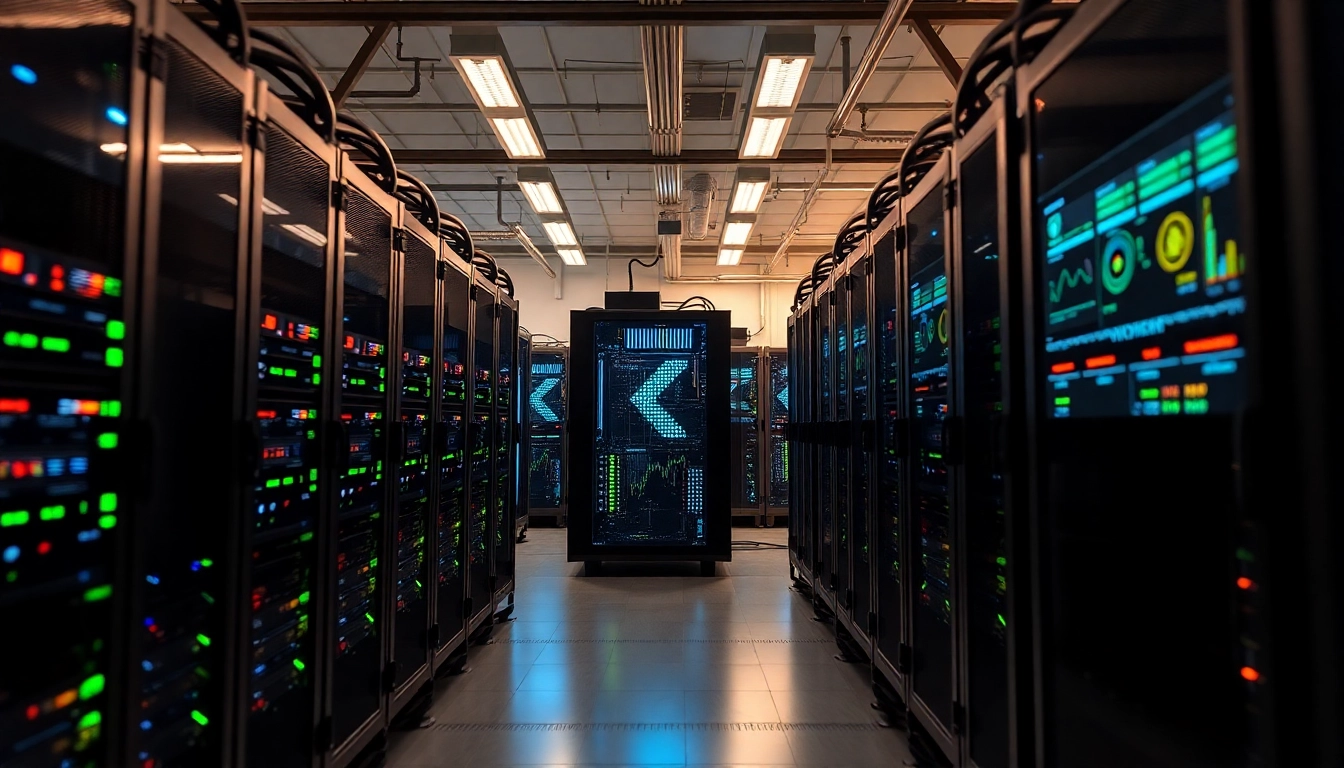 Dynamic view of bitcoin mining operations in a modern data center with ASIC mining rigs.
