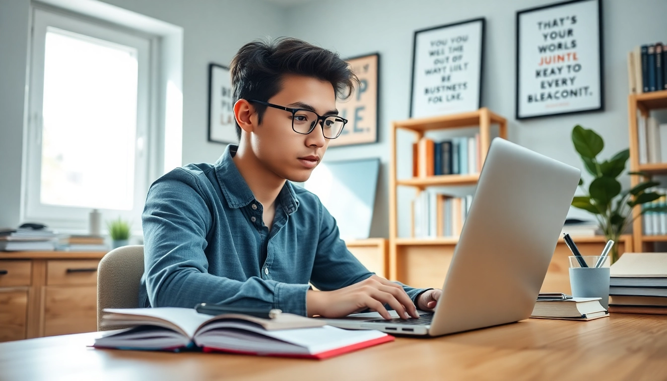 Find effective remote exam help strategies demonstrated by a dedicated student in a bright home office.