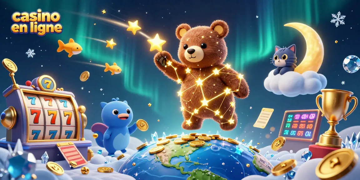 Jouez au casino en ligne en récoltant des pièces avec un ours constellation dans une illustration 3D.