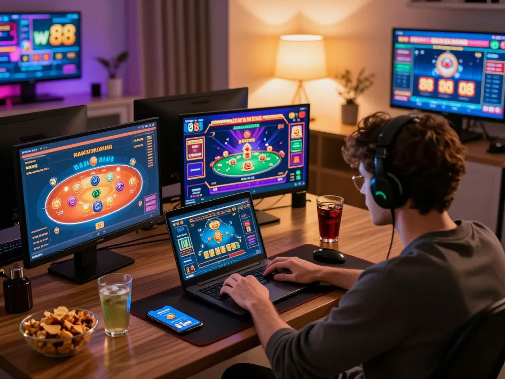 Engaging w 88 online gaming session with laptop and smartphone in cozy living room.