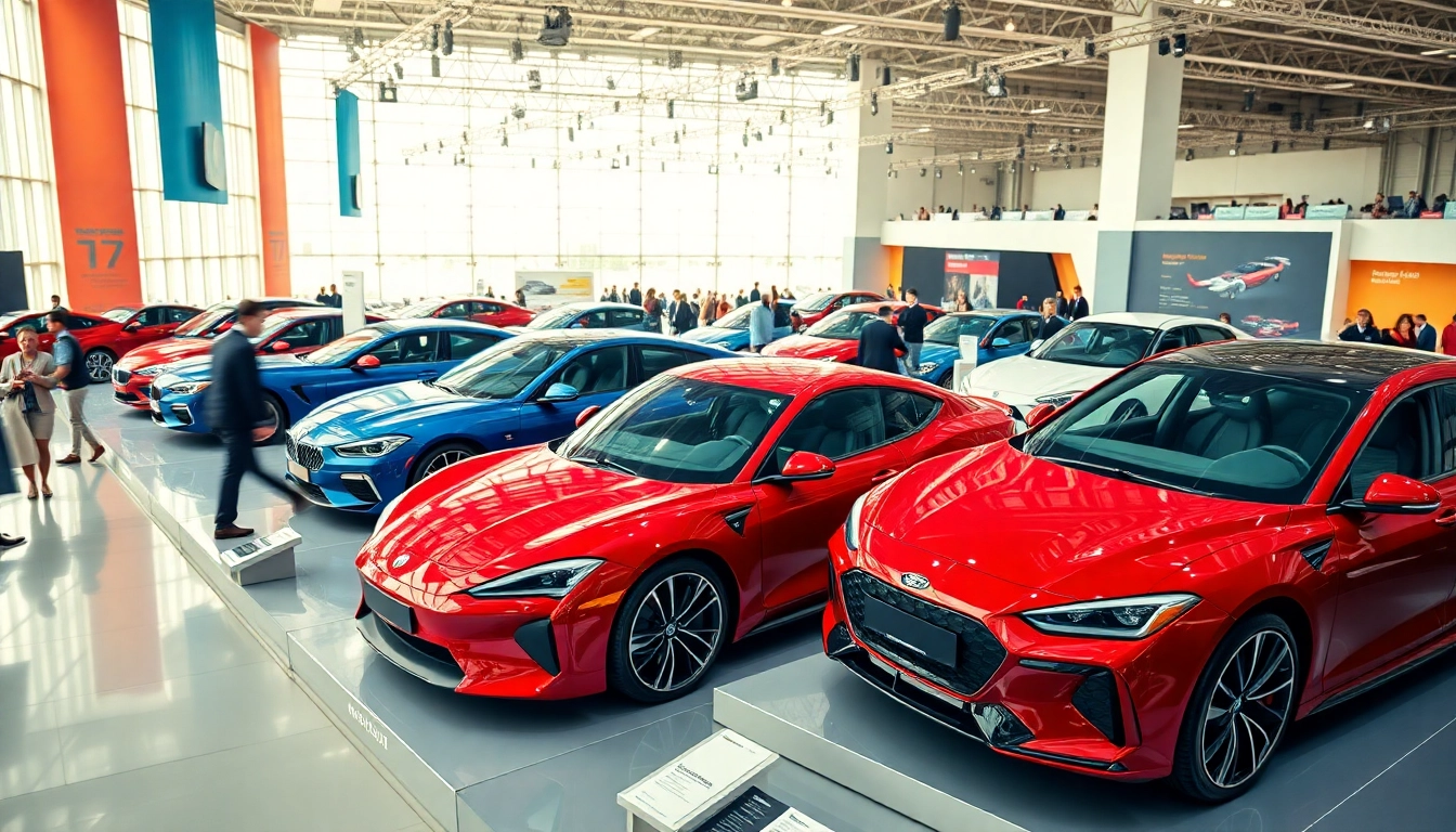Engaged visitors admiring cars at an Auto Cars Show featuring modern and luxurious vehicles.