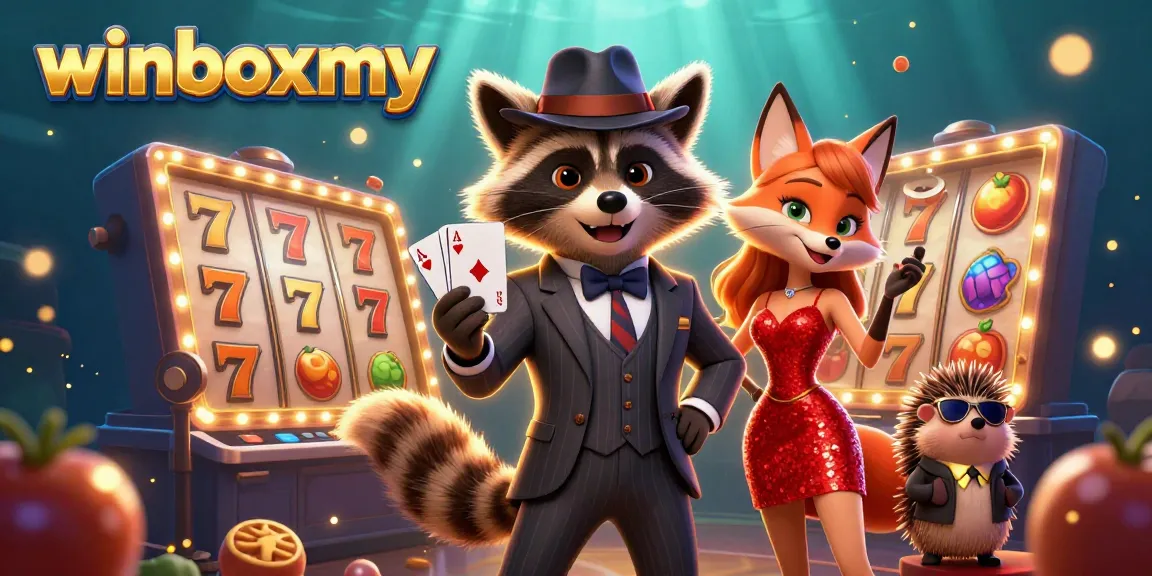 WinboxMY provides exciting casino thrills with a raccoon holding a royal flush amidst vibrant slot symbols.