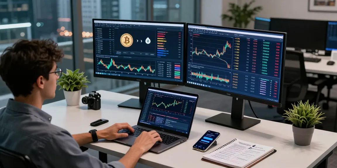 Bitcoin mining contract analytics displayed on multiple monitors in a modern cryptocurrency trading workspace, emphasizing security and investment strategies.