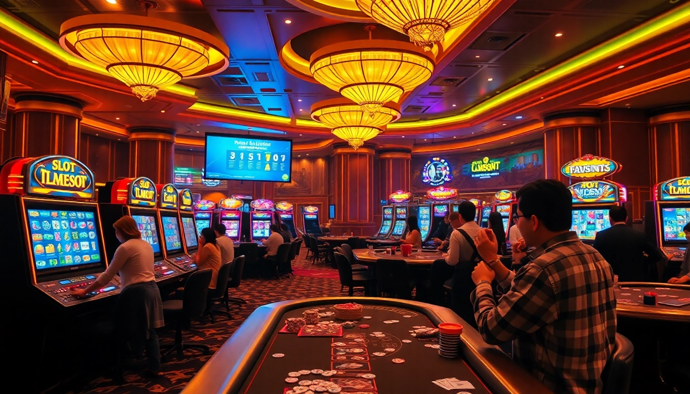 Nikmati aksi slot depo pulsa yang seru di kasino mewah dengan mesin-mesin berwarna cerah dan para pemain.