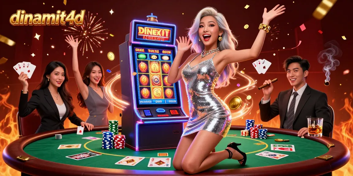 Experience the thrill of dinamit4d with a celebratory slot machine scene filled with vibrant casino elements.