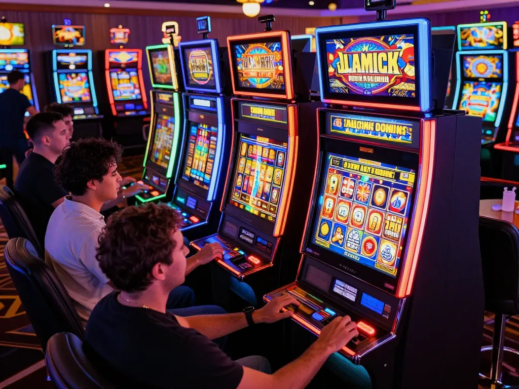 Players spinning the reels on diverse slot777 machines in a lively casino atmosphere.