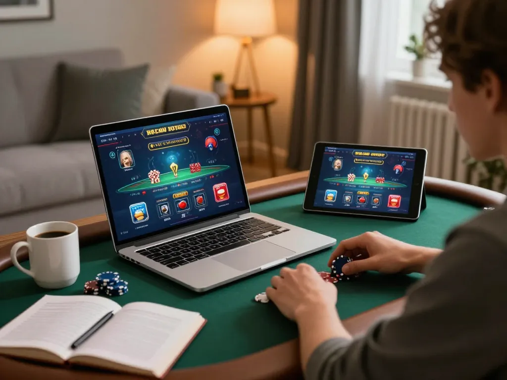 Terlibat dalam poker online strategis dengan paris888 di laptop dan tablet yang ramping, menampilkan permainan yang bertanggung jawab.