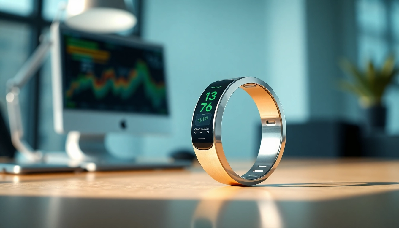 Showcasing Smart Health Ring with vibrant metrics and sleek design in a professional setting.