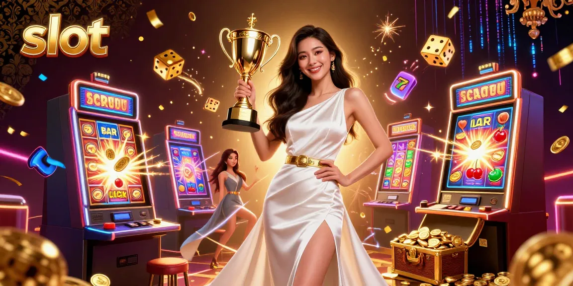 Spin slots with winning symbols in a vibrant casino scene featuring a victorious woman.
