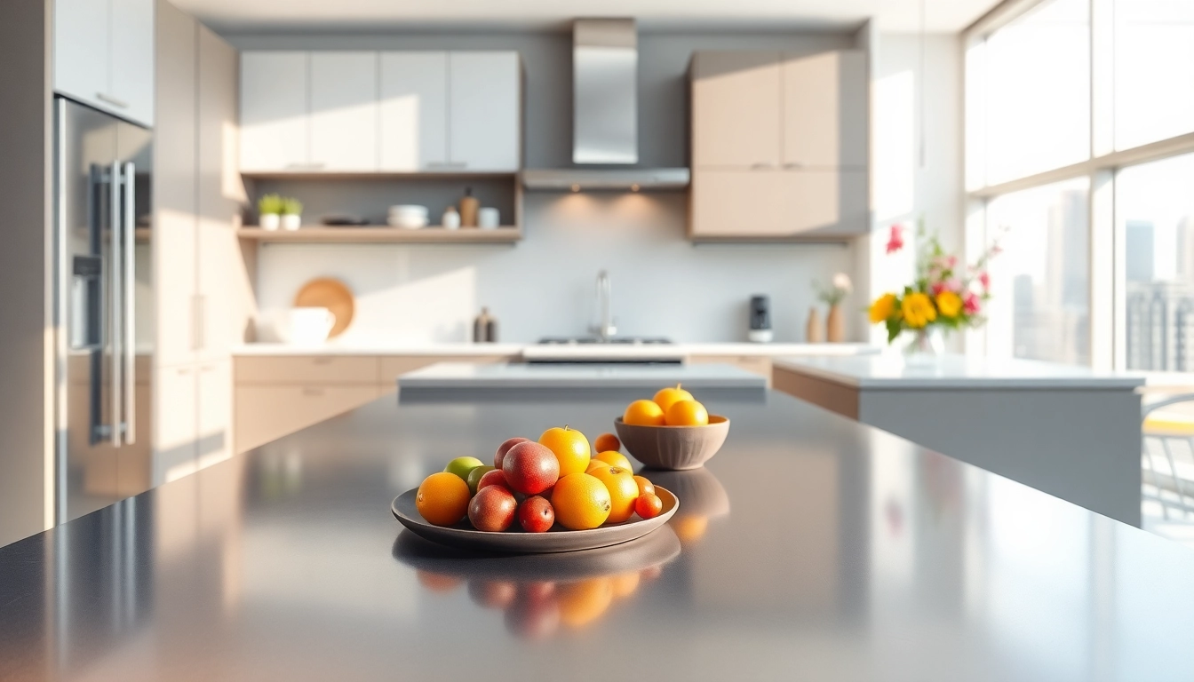 Stylish steel table for kitchen surrounded by vibrant decor and natural light.