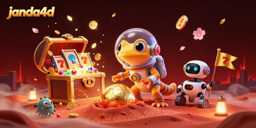 JANDA4D mengungkapkan kasino emas yang tersembunyi dengan lemari harta karun dan simbol slot dalam ilustrasi menarik.