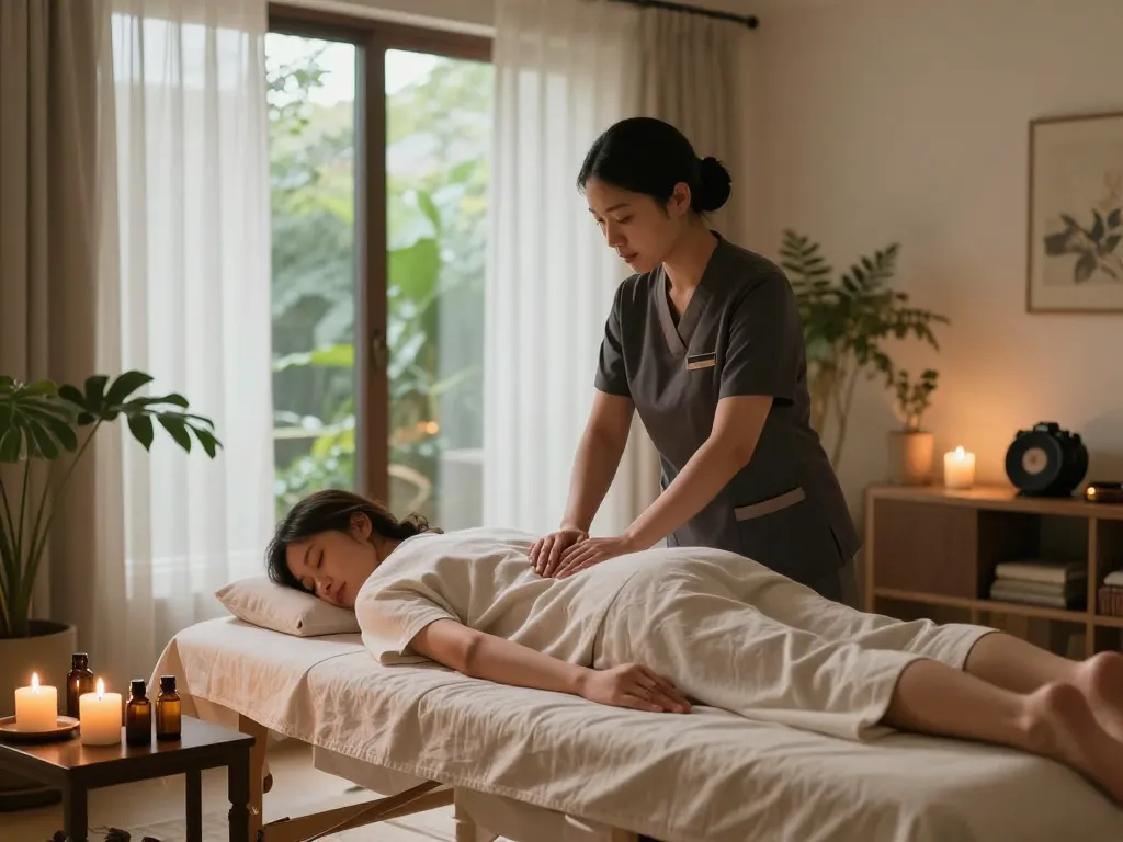 Professional home massage therapy session from maxim-anma.net in a serene living room.