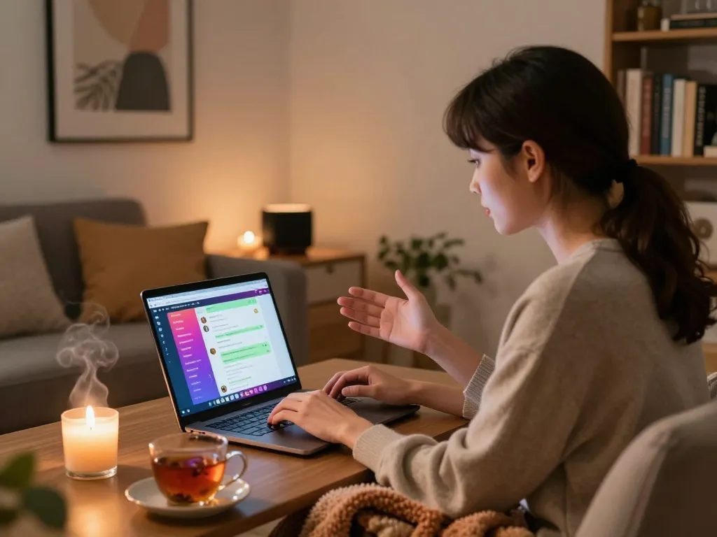 User engaging in a sex chat ai conversation in a cozy home setting, highlighting the interaction with the AI assistant.