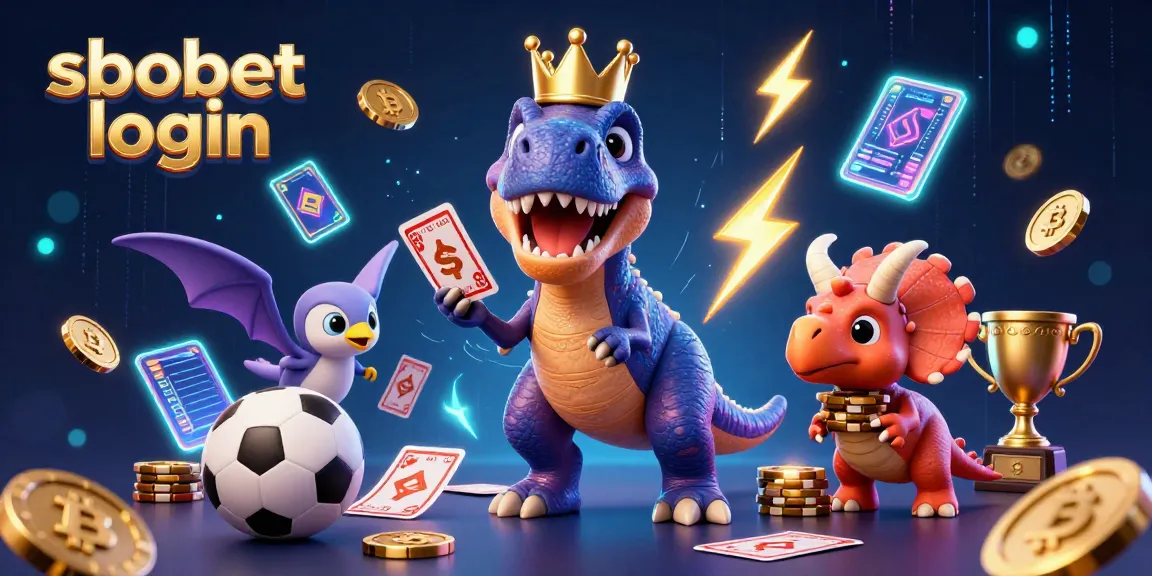 Simplify sbobet login with vibrant 3D betting scene featuring a T-Rex shuffling cards alongside a pterodactyl, celebrating sports betting.
