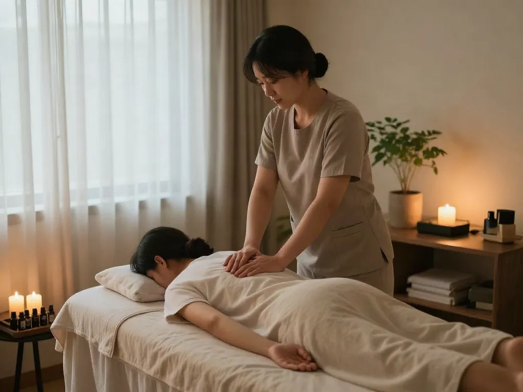 Relaxing 가락동출장마사지 session in a tranquil therapy room with serene atmosphere.
