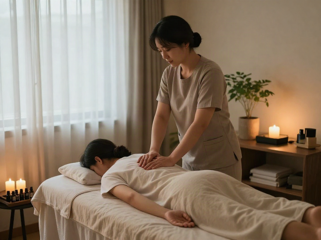 Relaxing 가락동출장마사지 session in a tranquil therapy room with serene atmosphere.