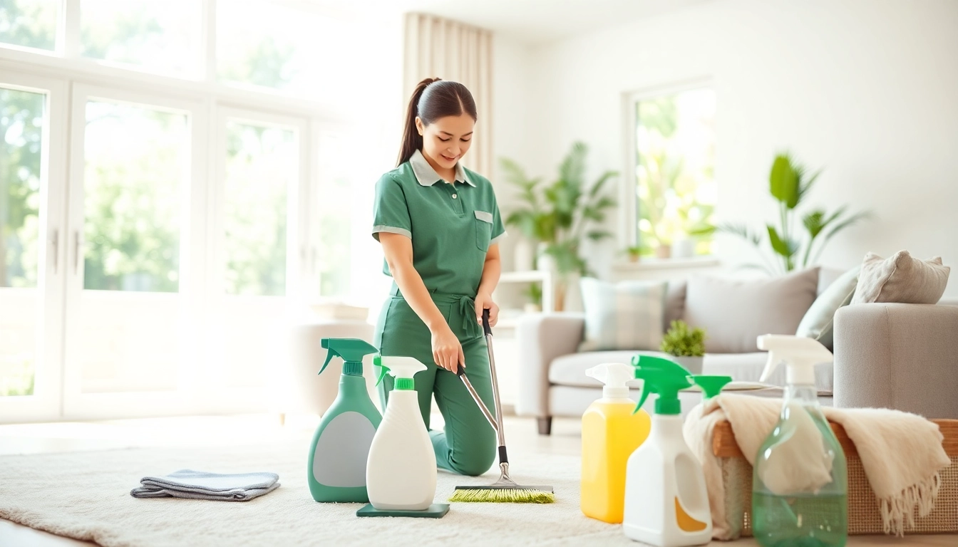 Find reliable cleaning services near me with a professional cleaner organizing a modern living room.