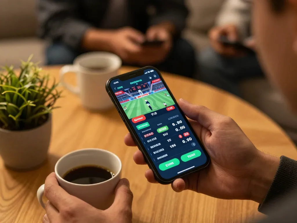 Betting on PG88 mobile app showing live sports odds in a cozy home setting.