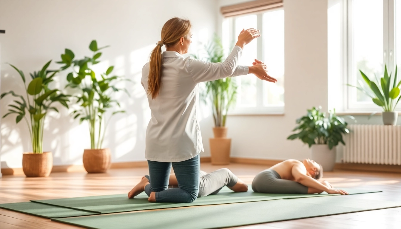 Guide to back pain remedies featuring a physiotherapist assisting a patient with stretches.