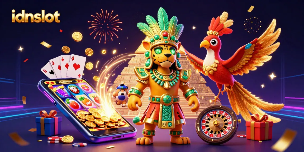 Play themed slot games with idnslot featuring a Mayan priest, quetzal bird, and dynamic casino elements.
