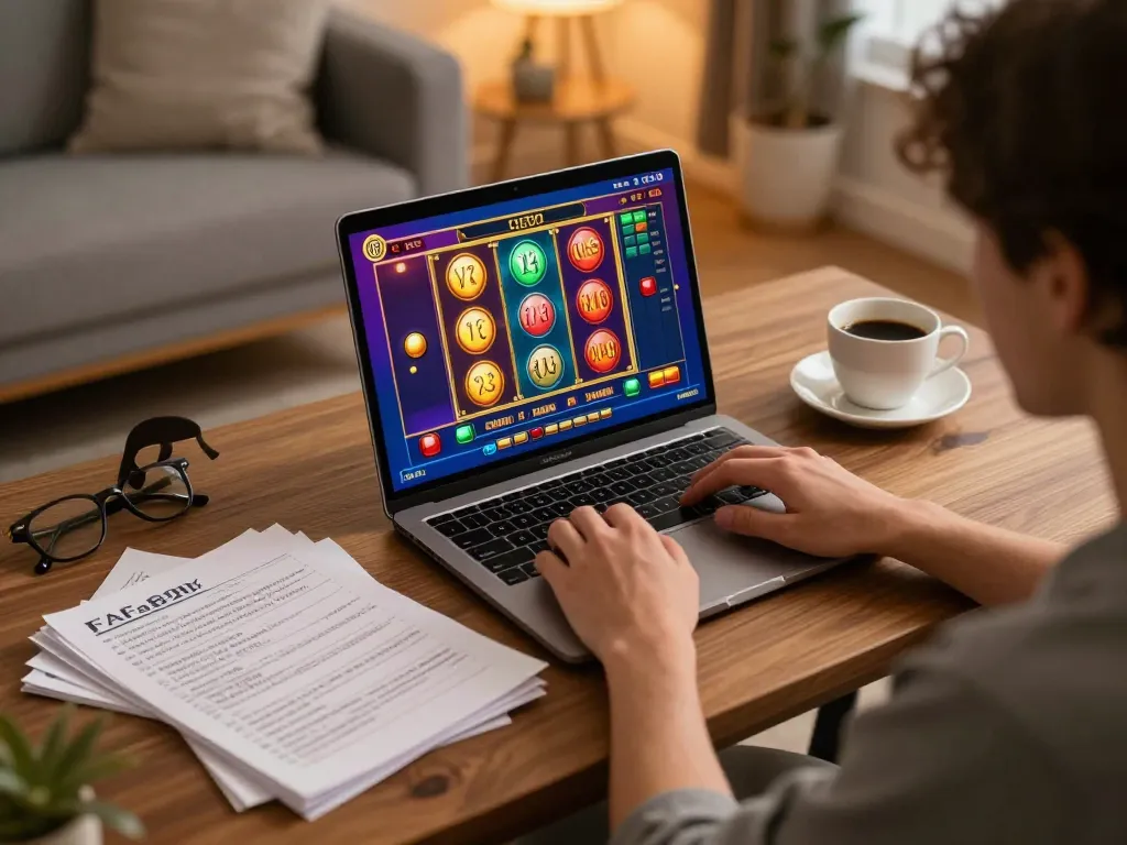 Player enjoying Fafa828 online slots from home with engaging interface and gaming strategy notes