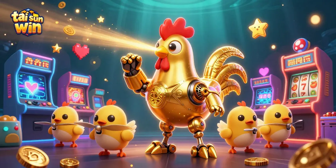 Play exciting casino games and tải sun win effortlessly with an illustrated dynamic scene featuring a golden rooster robot.