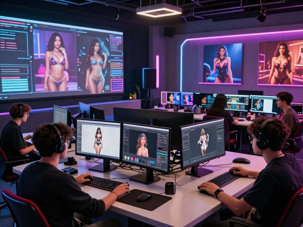 AI porn creatives collaborating in a futuristic digital art studio.