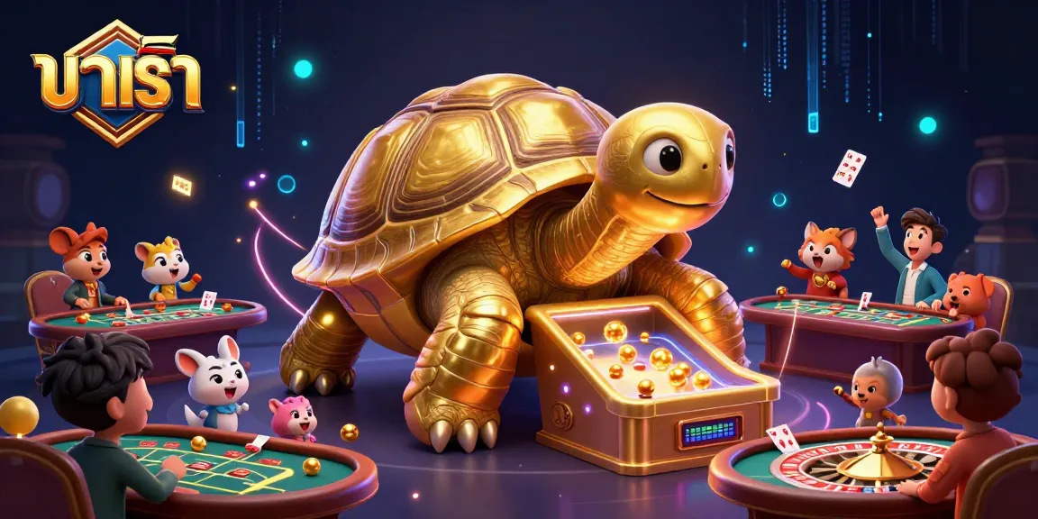 Baccarat game illustration featuring a giant tortoise pinball machine amid enthusiastic players at Baccarat tables.
