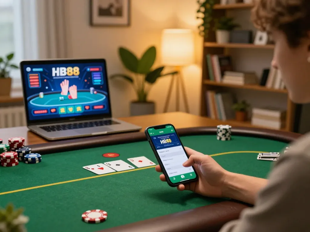 Engaging with HB88 mobile app while strategizing poker gameplay in a cozy setting