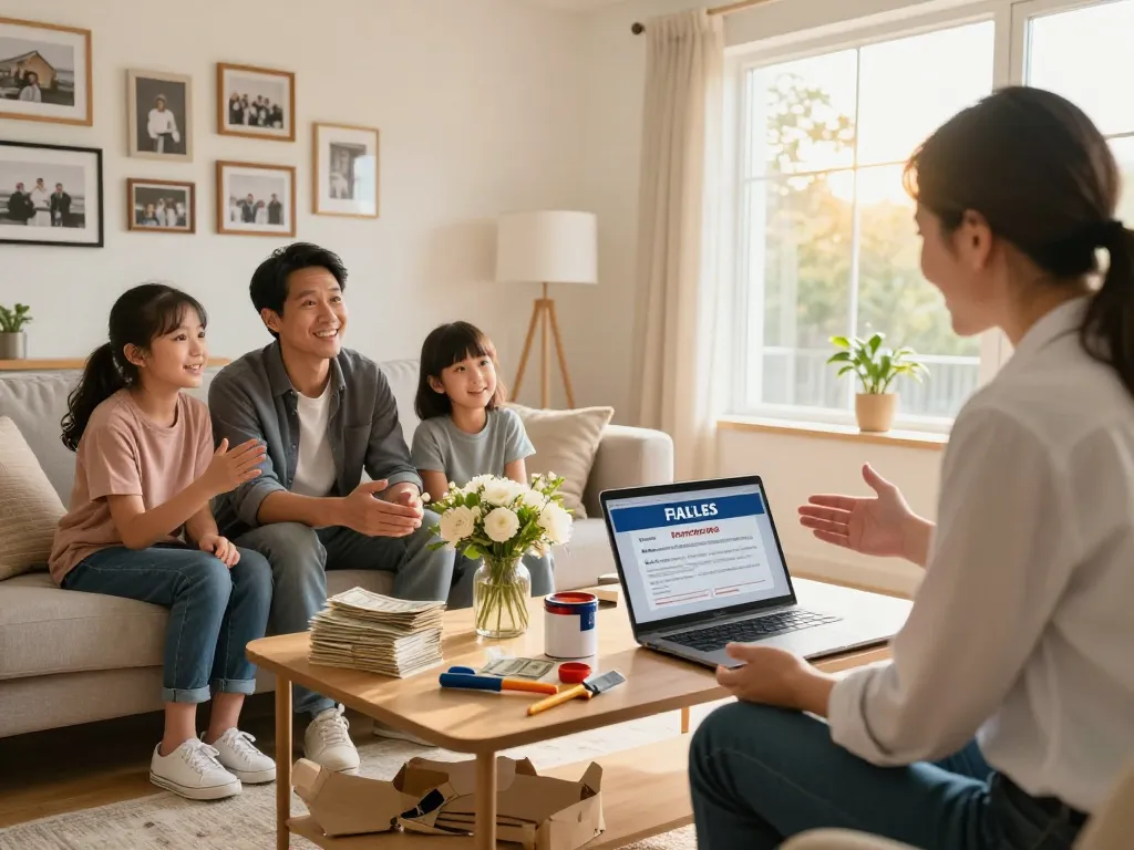 We buy houses for cash scene with a family discussing home sale details in a bright living room, stacks of cash nearby, creating a welcoming atmosphere.