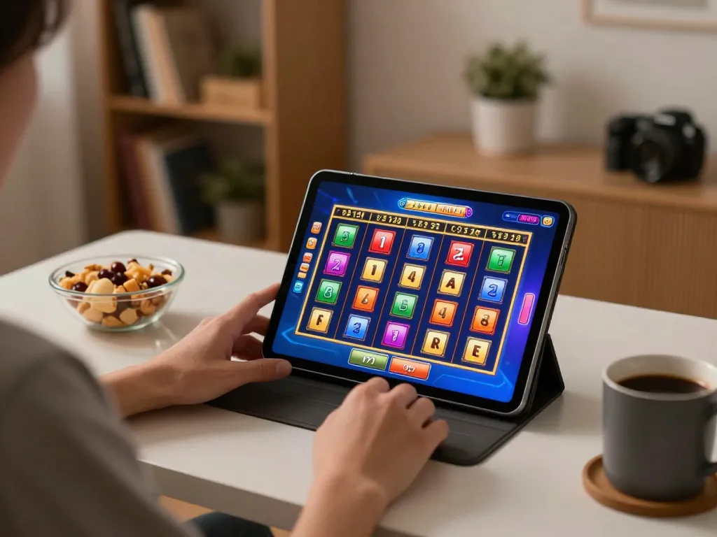 Engaging in สล็อต gaming on a tablet at home, showcasing vibrant interface and casual atmosphere