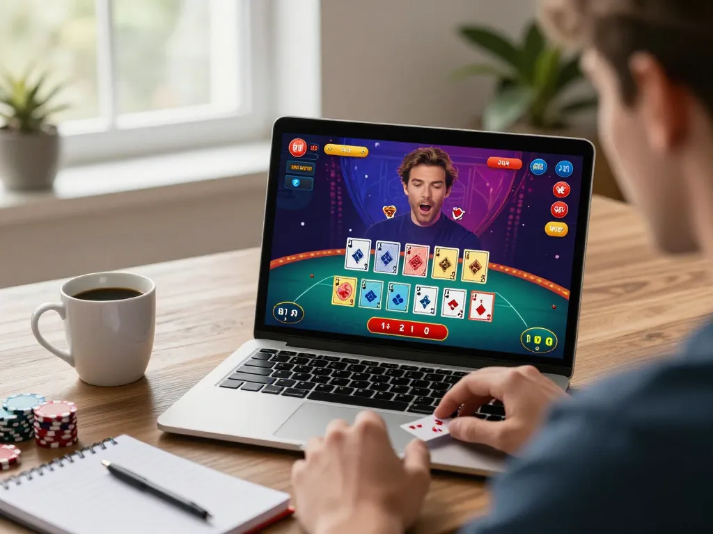 Online gambling at nhà cái 388bet with player focused on live dealer blackjack game interface in a cozy home setup.