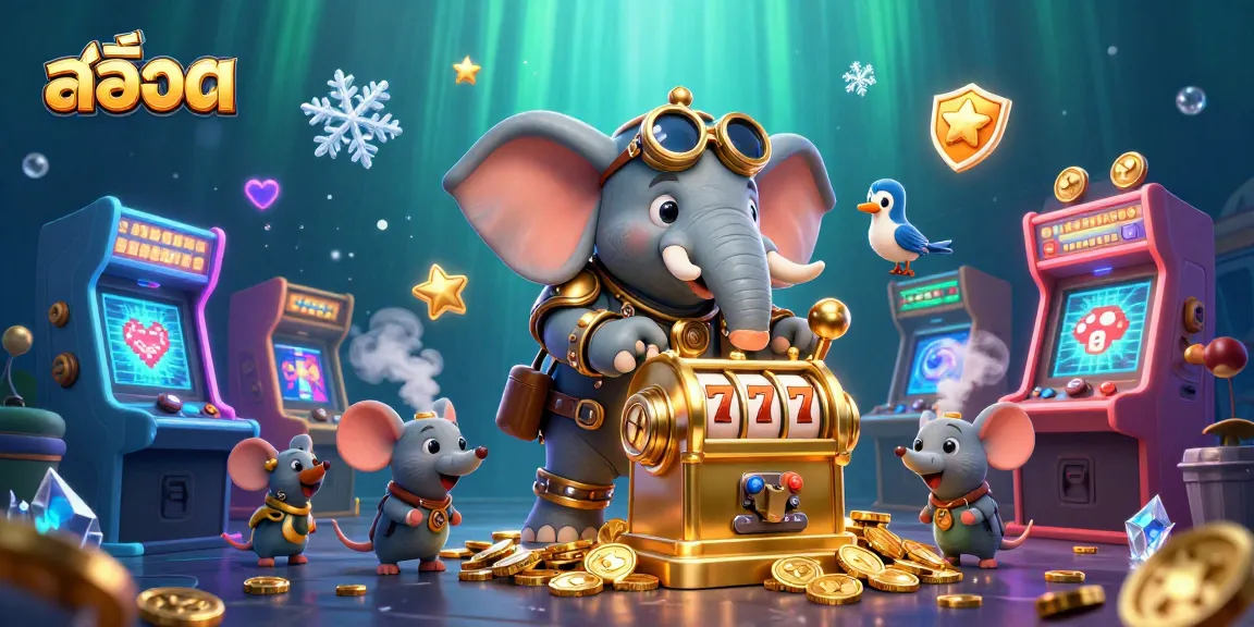 Experience the excitement of สล็อต with a steampunk elephant and vibrant casino elements.