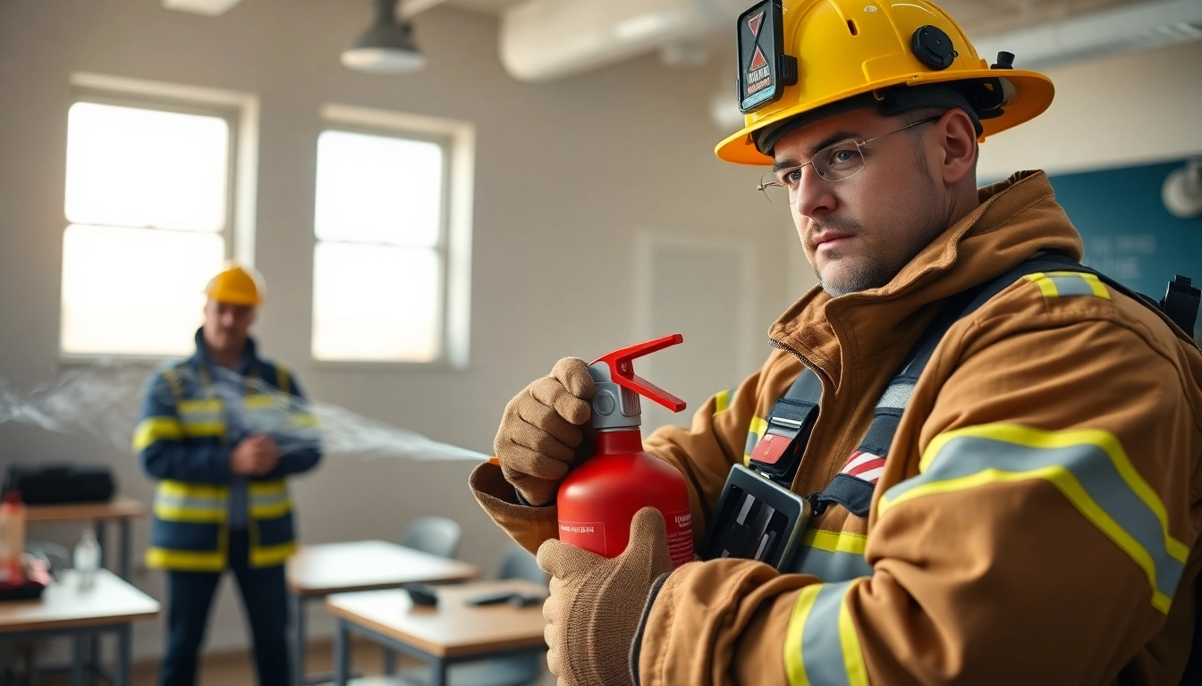 Demonstration of how to use an electrical fire extinguisher during a training session.