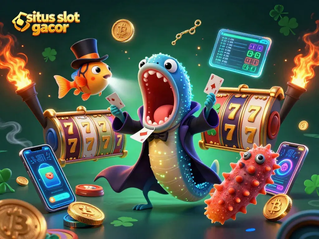 Permainan situs slot gacor menampilkan ikan gulper anggler yang berpakaian sihir dengan banyak simbol permainan slot dan koin kripto.
