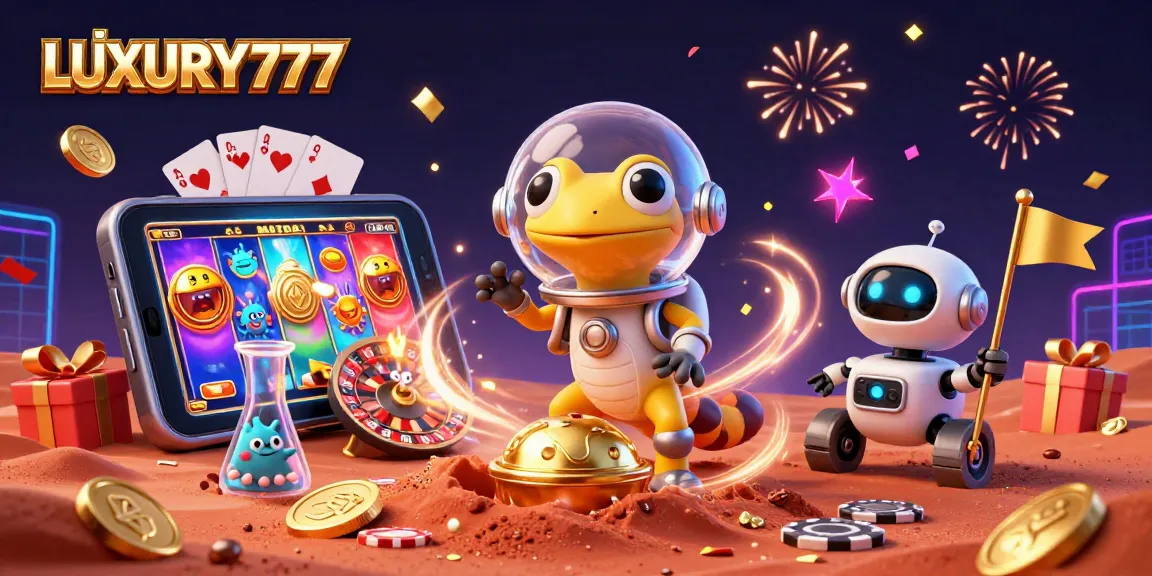Mainkan LUXURY777 di kasino mewah dengan gecko Martian dan unsur permainan menarik lainnya.