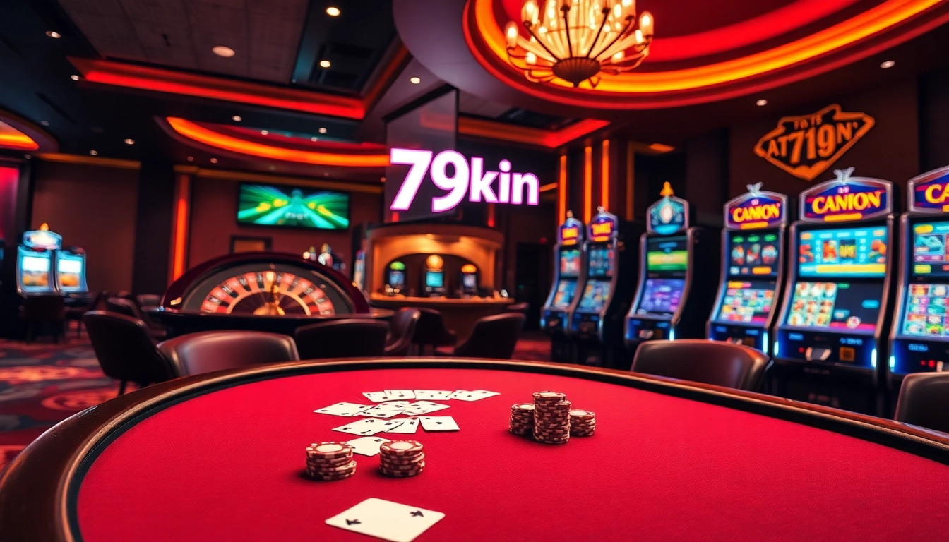 A luxurious casino scene with poker, roulette, and slot machines highlighting 79kin gaming excitement.