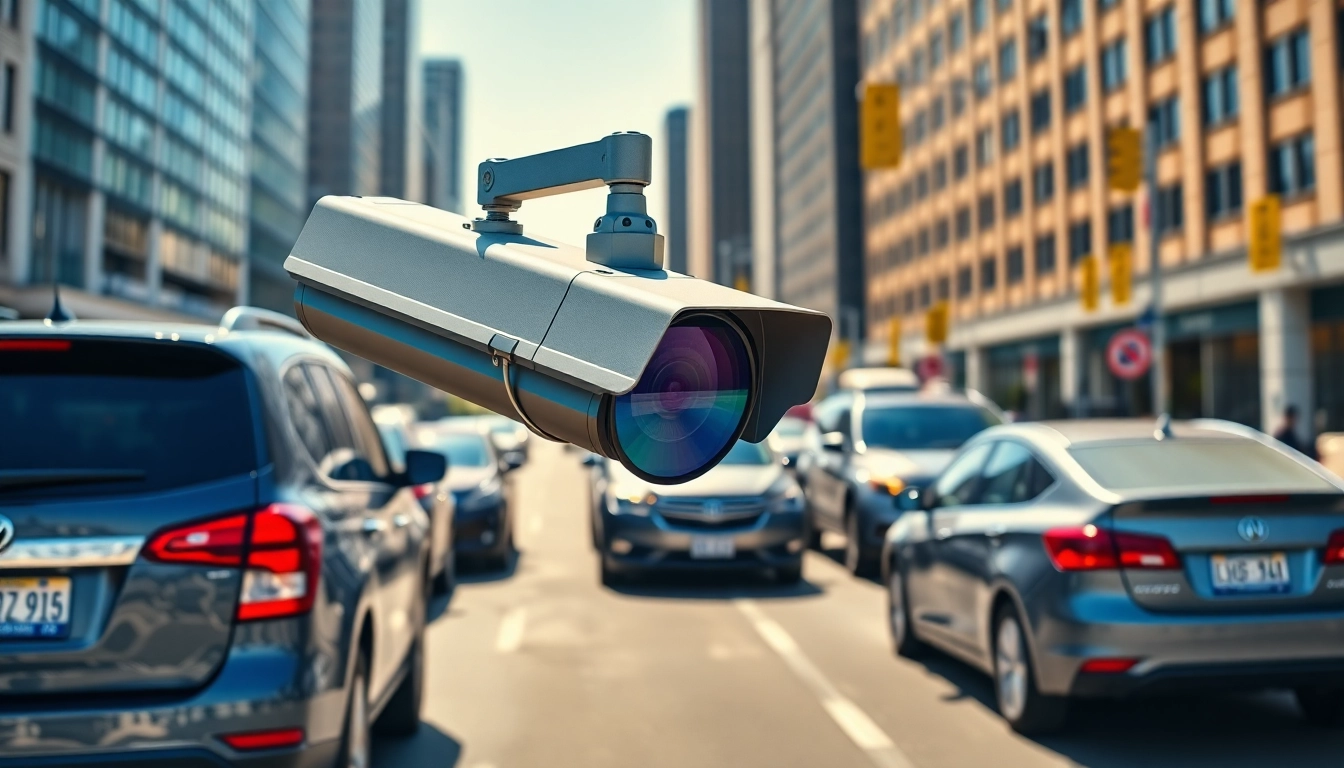 Capturing automatic license plate recognition through a high-tech camera in an urban environment.