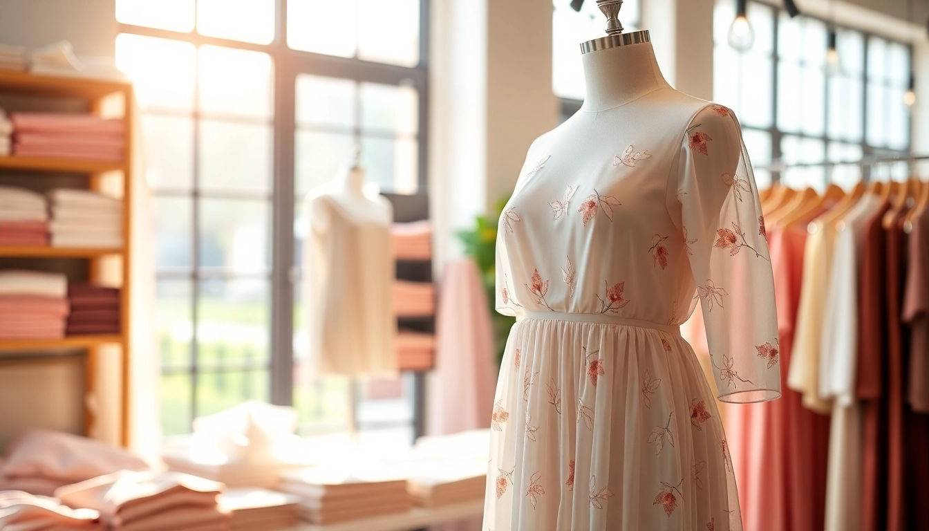 Chiffon jurk elegant gepresenteerd in een boutique met zachte natuurlijke belichting.