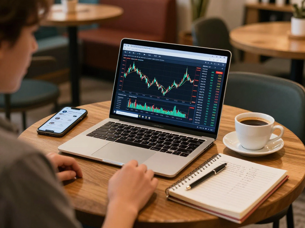 MetaTrader 5 官网：在咖啡馆交易加密货币，展示外汇交易界面和市场分析工具
