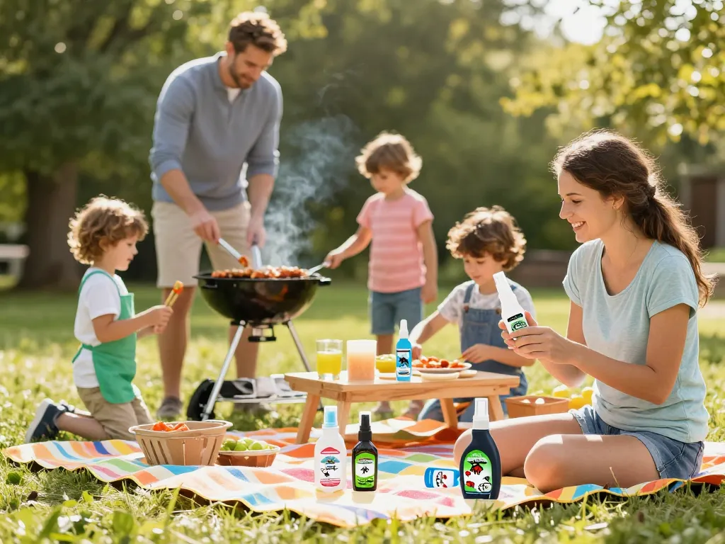 Family enjoying outdoors while using mosquito repellent products during a summer barbecue.