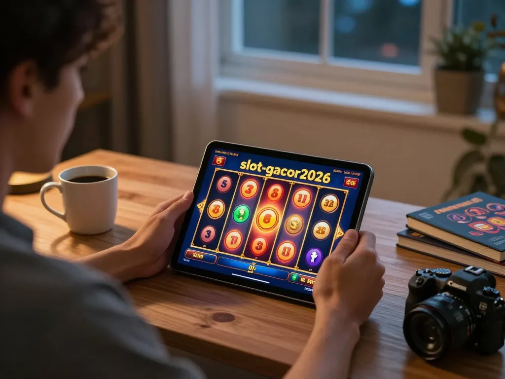 Player engaging in vibrant slot-gacor2026 game at home with tablet, cozy atmosphere.