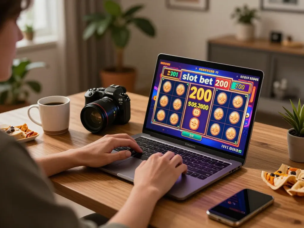 Engaging in slot bet 200 at home using a laptop with colorful machines displayed on screen