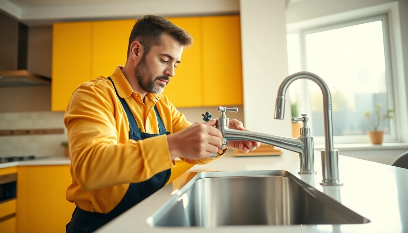 Plumber near me fixing a sleek new sink in a bright kitchen setting.