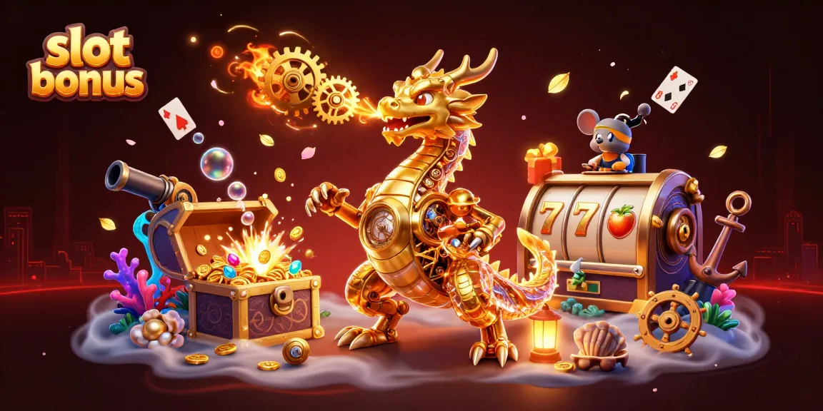 Engage with the thrilling slot bonus, as a golden dragon breathes gears in this dynamic casino scene.